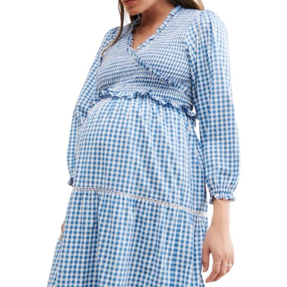 Frances Hart Maternity Ines Dress Blue Gingham Plaid Smocked Midi Dress Size XS - Picture 3 of 10